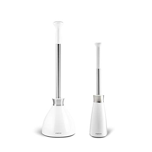simplehuman Toilet Plunger & Brush Set with Holder - White, Magnetic Drip-Free Cover, Crescent Head, Modern Flange, Hidden Storage — Bundle