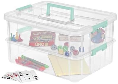 Sterilite 1427CLR Stack & Carry - Clear 2-Layer Storage Box with Blue Handle & Lid
