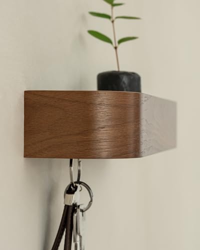 Walnut Key Holder Wall Mount with Shelf - Minimalist 6-Hook Entryway Organizer