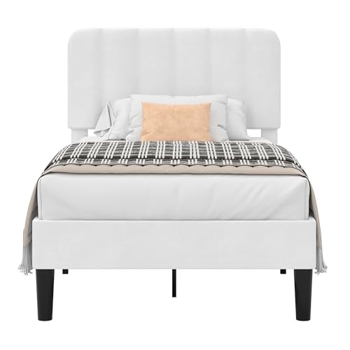 VECELO White Twin Size Upholstered Platform Bed Frame with Headboard