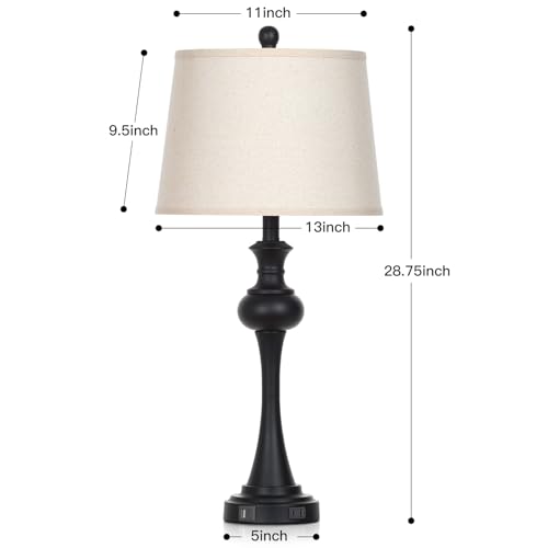 Black Set of 2 Bedside Table Lamps with USB Ports, 29 Inch Modern Reading Lamps