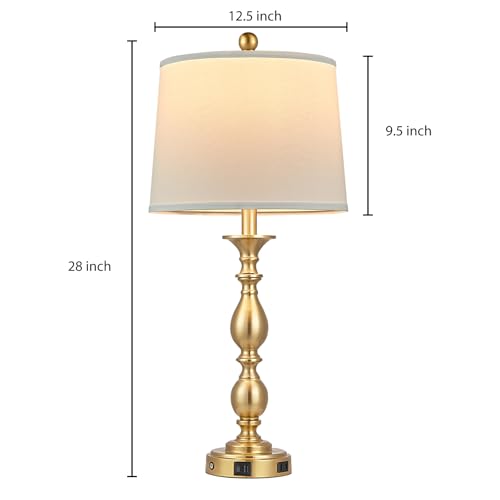 MOUVOVO 28-inch Gold Set of 2 Modern Touch Bedside Table Lamps with USB & Outlet, Farmhouse Nightstand Lamps for Bedroom & Living Room - Includes 2 LED Bulbs