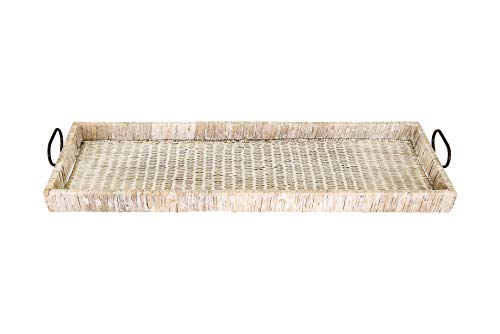 Oversized Decorative Rattan Tray with Metal Handles - Whitewashed