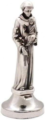 Mini Saint Statue - Classic Christian Figurine of St. Anthony | Silver-Tone Metal | Easy Car Dash Attachment