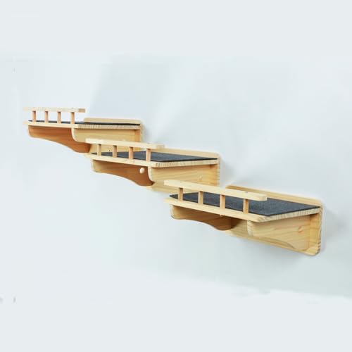 Wall Mounted Cat Shelves Set - Natural Wood 47.2 x 11.8 Inches, 3-Pack, Carpeted Perches - Variation B