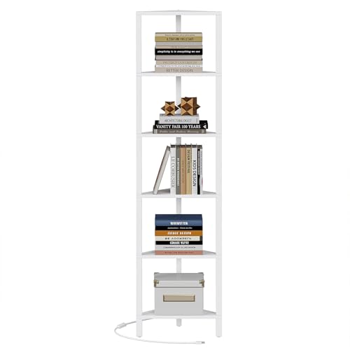 TUTOTAK White 6-Tier Corner Bookshelf with LED Light - Space-Saving Storage