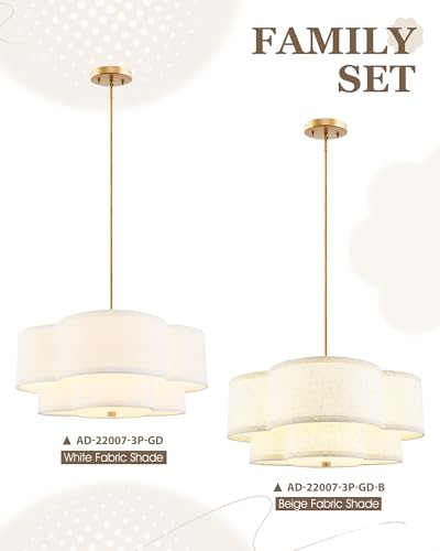 18-Inch Gold Pendant Light with White Fabric Shade - Dual Layer Quatrefoil Design, Adjustable Height