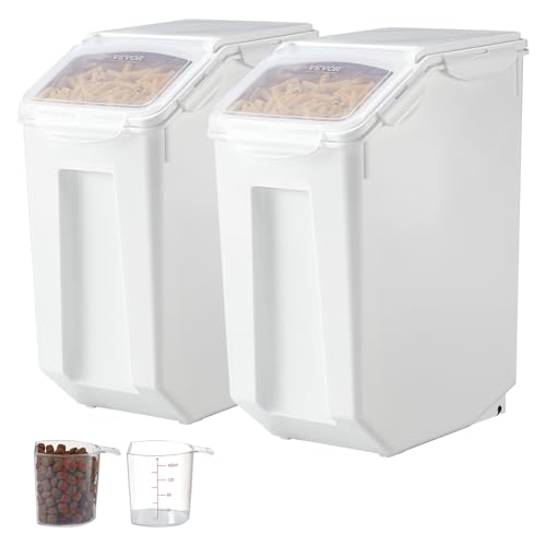 VEVOR Rice Storage Container, 4.5Gallon/20L x2 Capacity Large Dog Food Dispenser Bin, Kitchen Ingredient Grain Cereal Flour Bin, Pet food Containers with Wheels, 2 Measuring Cups, Airtight Lid, 2 Pack