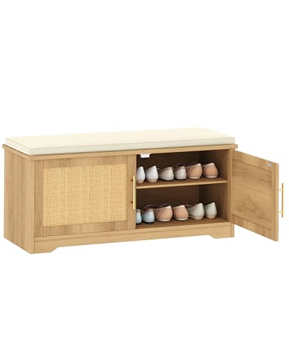 Zeibospri Rattan Shoe Storage Bench 39.4" Wide Entryway Bench with Adjustable Shelf, Natural Oak Finish, 13.8"D x 39.4"W x 17.9"H