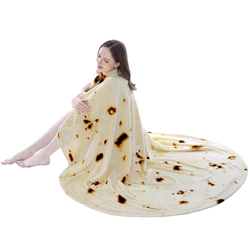 PAVILIA Burrito Tortilla Blanket, Double Sided Taco Flour Wrap Novelty Throw for Adult Kid Teen, Realistic Food Blanket, Funny Gag Gift for Birthday, Beige Flour 80in