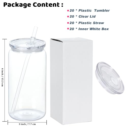 16 Oz Acrylic Can Tumbler Set - Clear Plastic Beer Cups with Lids & Straws, 20 Pack - Variation: Clear / 20