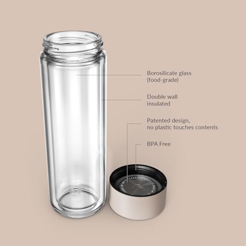 EVER VESSEL Glass Multi Tea Infuser Bottle 14oz - Double Wall Borosilicate Glass Flask | No Plastic Touches Contents | Perfect for Office or Home - Black