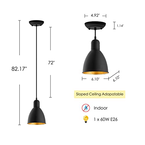 EGLO Priddy 1-Light Mini Pendant Hanging Lighting Fixture with Steel Shade for Kitchen Island, Hallway, and Dining Room, 60W, 82 in, Black and Gold