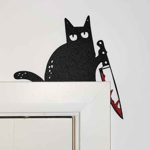 Cat Door Topper Decoration Decor Black Cat Lover Gifts for Women Funny Halloween Christmas Furniture with Knife