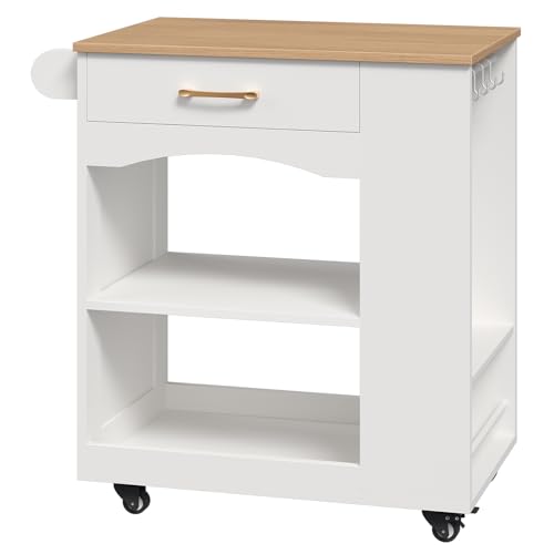 Mobile Kitchen Island Cart with Drawer and Shelves - White & Natural Finish