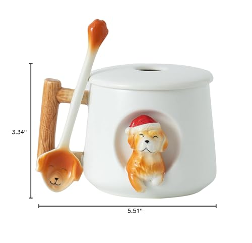 DIHOclub Ceramic Coffee Mug with Lid and Matching Spoon,Novelty 3D Golden Retriever Pattern Mug for Tea Milk Chocolate Juice,Cute Cup for Dog Lovers,Perfect Christmas Gifts-14 Ounces(white)