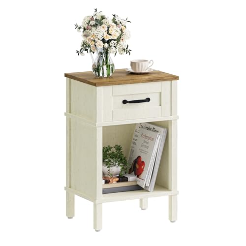 White Farmhouse Nightstand with Drawer - Rustic Small Bedside Table - White & Rustic Brown