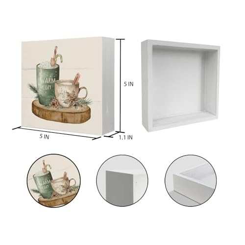 Christmas Decorations, Cute Room Decor Table Wood Box Sign, Warm and Cosy Let It Snow, Christmas Decorations Indoor, Farmhouse Rustic Wood Block Plaque for Home Desk Bedroom Decor 5x5