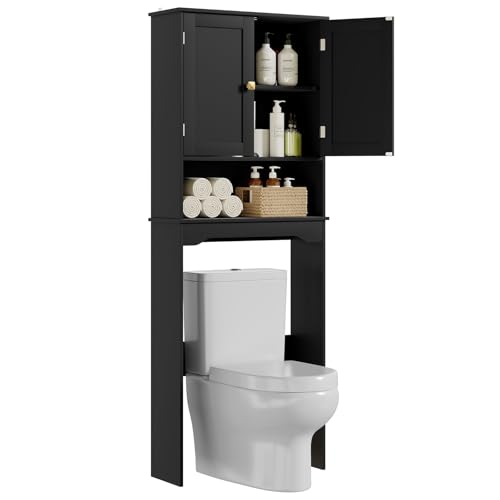 Over The Toilet Storage Cabinet - Black Bathroom Organizer with Adjustable Shelf - 24.8"L