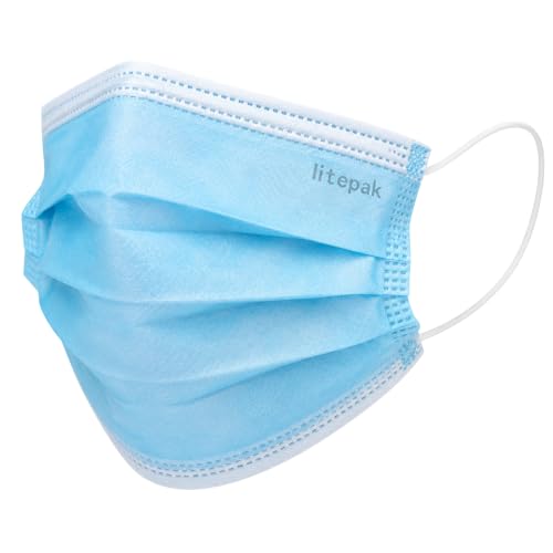 Litepak 500pcs Disposable Face Masks - Blue, Soft 3-Ply with Nose Wire