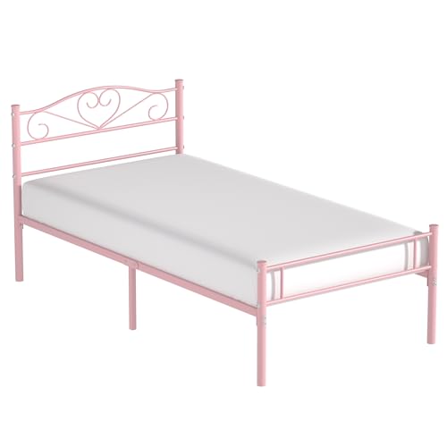 Pink Twin Size Metal Platform Bed Frame with Headboard & Footboard, Heavy Duty Support