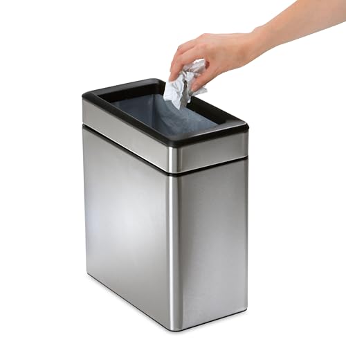 simplehuman 10L Brushed Stainless Steel Slim Open Trash Can for Office & Hotel, ADA-Compliant