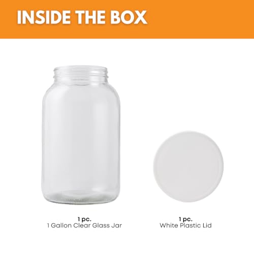 FastRack 1 Gallon Mason Jar with White Airtight Lid | Regular Glass Canisters with Airtight Lids | Large Mouth Glass Jar for Food Storage, Canning, Fermentation, Pickling