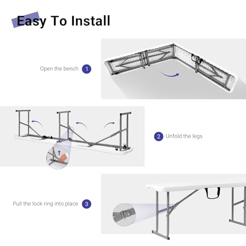 Byliable 6ft White Folding Portable Plastic Bench with Handle for Indoor & Outdoor Use