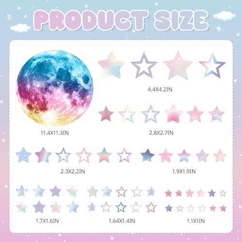 Glow in The Dark Stars for Ceiling, Holographic Colorful Moon Planet Wall Decals, Boys Girls Nursery Bedroom Wall Stickers