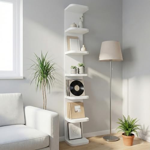 7 Tier Wall Shelf Unit - White Floating Shelves with Curved Edges for Storage & Display
