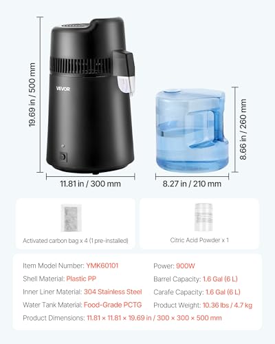 VEVOR Black 6L Water Distiller for Home Use, 900W Stainless Steel & BPA-Free Container