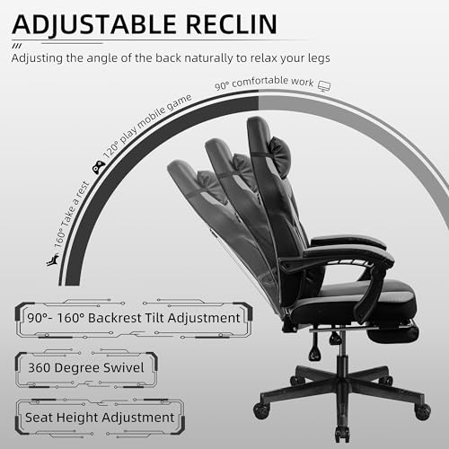 Shintenchi Gaming Chair with Footrest & Massage Lumbar Support - Grey