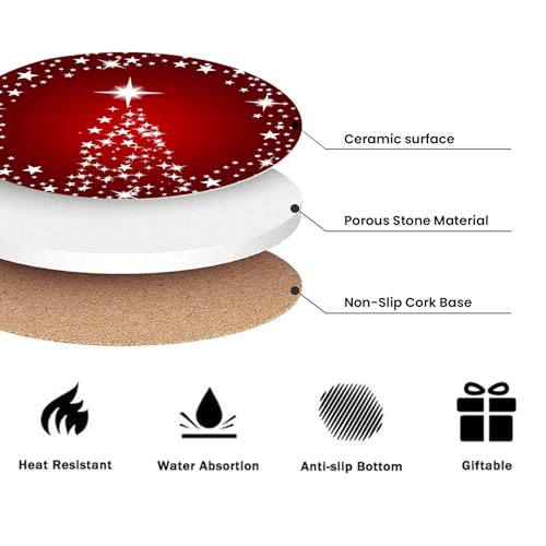 Christmas Tree Sparkling Stars Coasters Set of 6 with Metal Holder, Absorbent Ceramic Holiday Drink Coasters