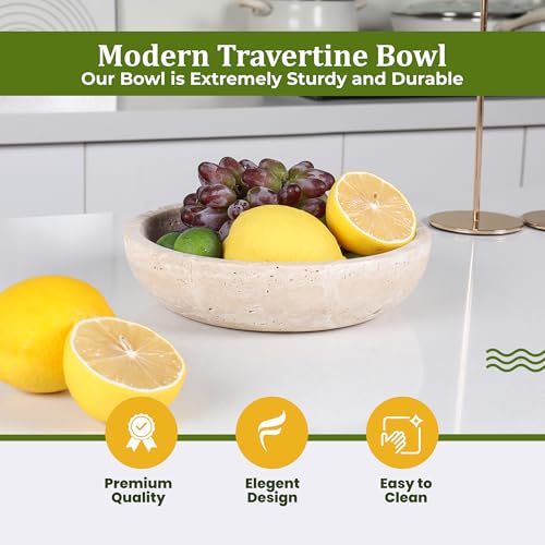 Travertine Decorative Bowl - 7.8 Inch Organic Modern Centerpiece - Beige/Natural