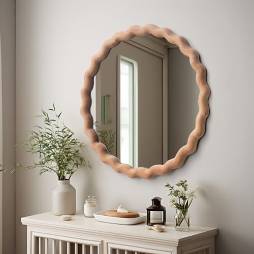 24-Inch Light Brown Wooden Wall Mirror with Scalloped Wavy Frame - Bathroom & Nursery Decor