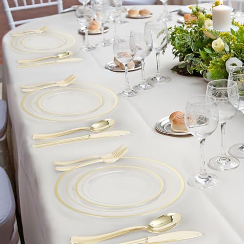 Clear Gold Plastic Dinnerware Set for 100 Guests - Disposable Plates, Cutlery & Spoons