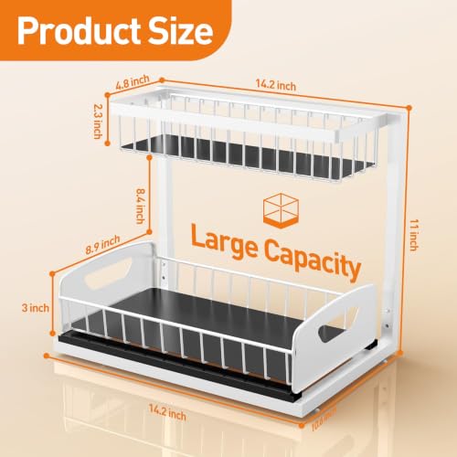 Under Kitchen Sink Organizer 2-Pack - Metal Pull-Out Cabinet Shelves with Sliding Drawers - White