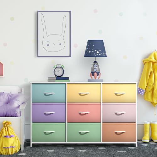 Kids 9-Drawer Dresser with Wood Top - Multicolor Pastel, Fabric Storage