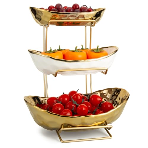 Jessie Gold 3-Tier Ceramic Fruit Bowl Stand Kitchen Counter Display