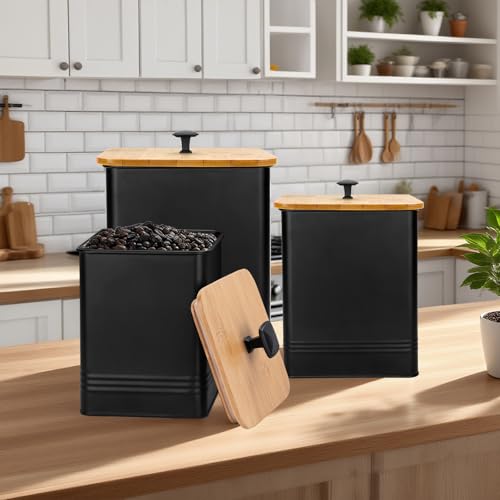 Kitchen Canisters Set of 3 - Black Metal Food Storage Containers with Airtight Lids & Chalkboard Labels