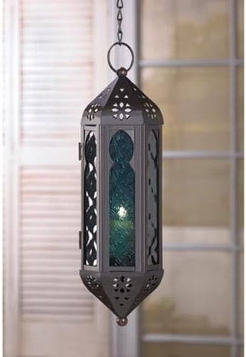 Azul Serenity Ocean Blue Glass Hanging Candle Lantern - Elegant Home Decor Accent