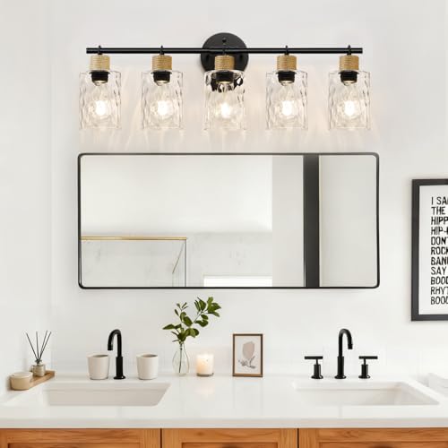 MOKATNG Matte Black 5-Light Coastal Vanity Light with Crystal Glass Shades
