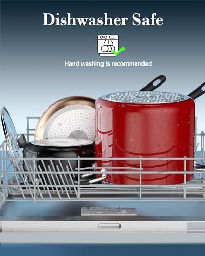 Red 10.5 Quart Non-Stick Stock Pot with Lid - Large Cooking Pot for Soup Stew