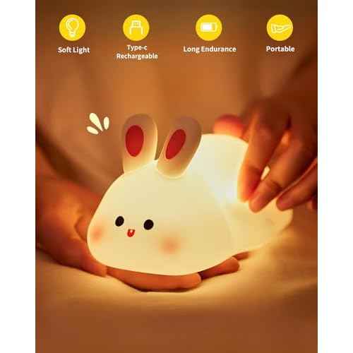 Big Face Rabbit Night Light, Cute Bunny Gifts, Silicone Squishy Rabbit Lamp, Rechargeable Dimmable Animal Nightlight, Baby Night Light for Nursery Breastfeeding Bedroom Living Room
