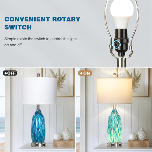 Peacock Green Glass Table Lamps Set of 2 with USB Ports & Night Light - Coastal Nautical Bedside Lamps