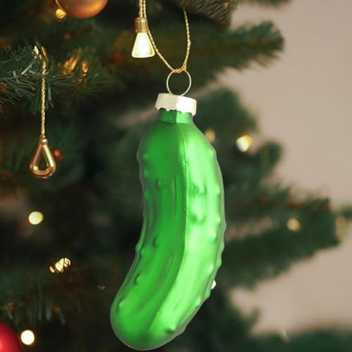 Jowxsx Christmas Pickle Tree Ornaments, Green Glass Blown Cucumber Hanging Ornaments with Lanyard, Traditional Christmas Tree Decoration