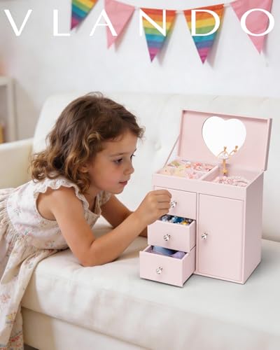 VLANDO Light Pink 4-Layer Musical Jewelry Box with 3 Drawers & Necklace Hook