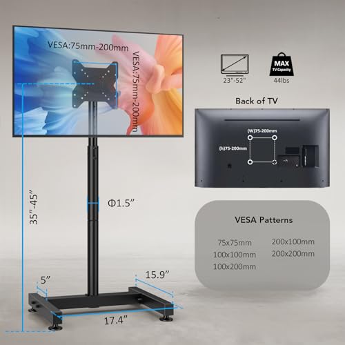 AX WABER 13-50 Inch Mobile TV Floor Stand - Adjustable Height & Tilt, Holds Up to 77lbs, VESA 200x200mm