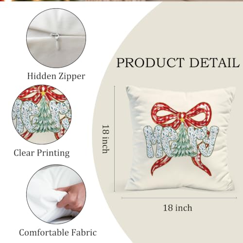 Christmas Bow Pillow Cover 18x18 Inch, Red Ribbon Tree Throw Pillow,