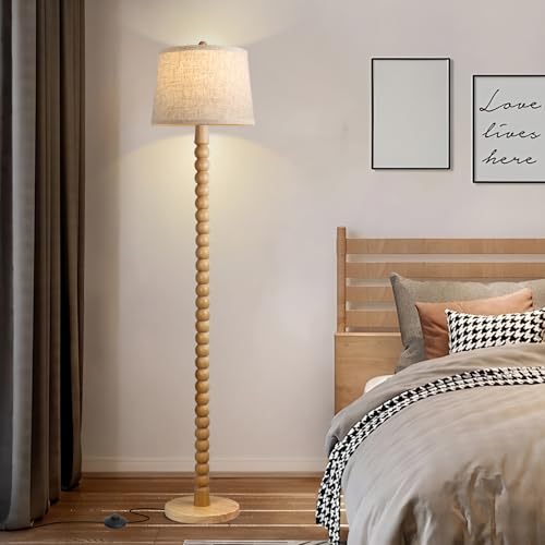 Ruiever Wooden Floor Lamp with 3 Color Changing Bulb - Farmhouse Tall Standing Lamp with Linen Shade, Real Wood Finish, for Living Room & Bedroom